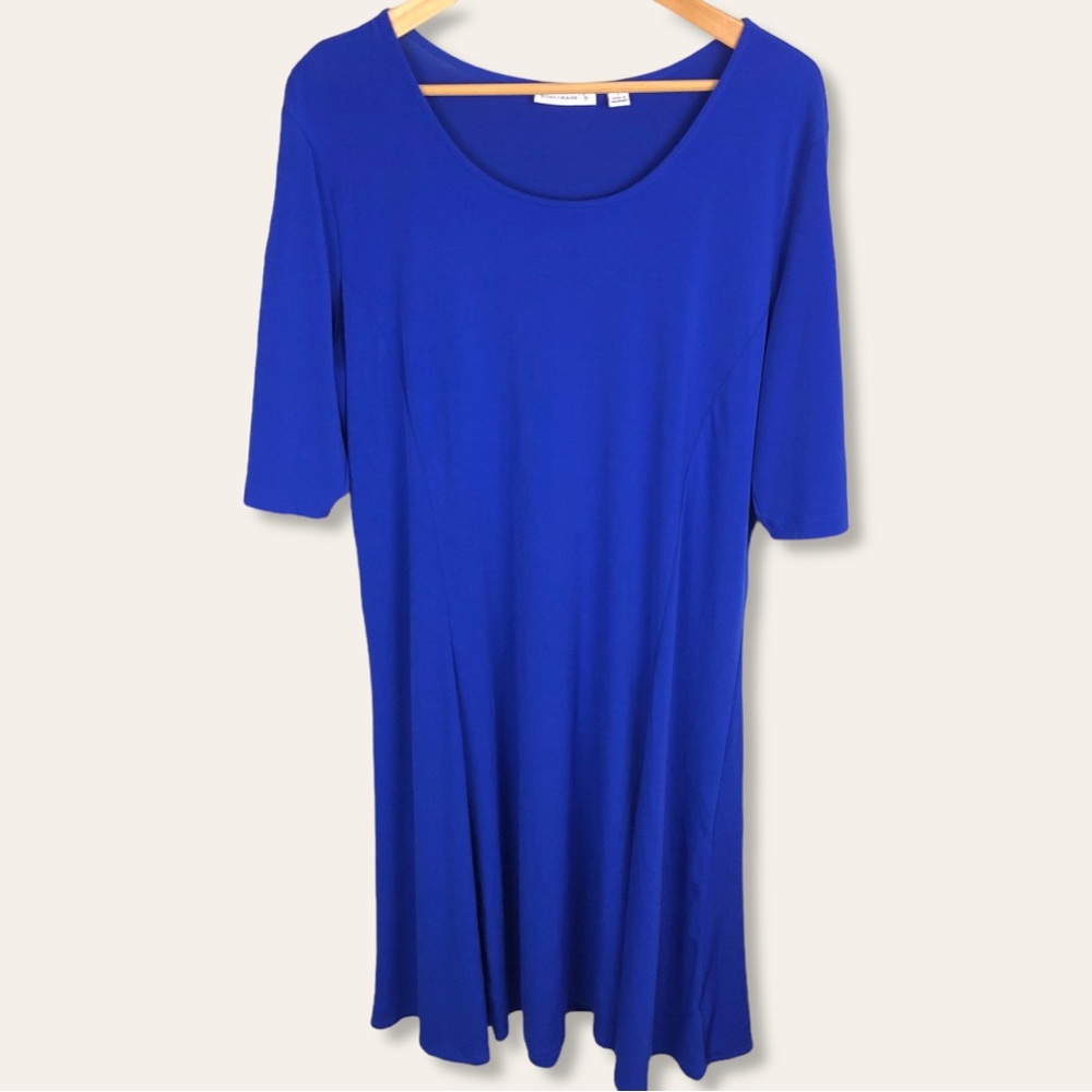 Susan Graver Liquid Knit Cut Out Stretchy 3/4 Sleeve Swing Dress Cerulean Blue
